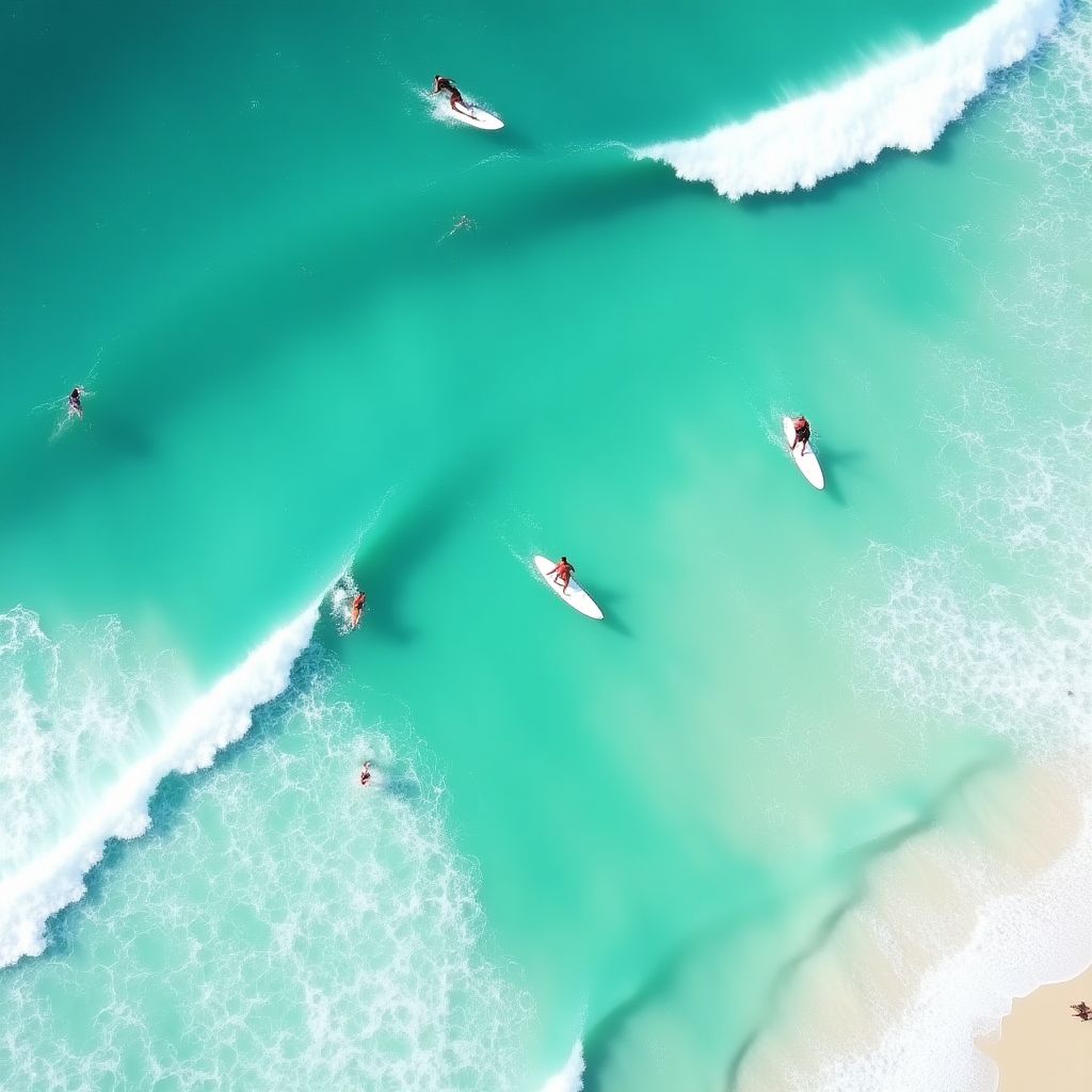 Aerial view of surfers at Byron Bay